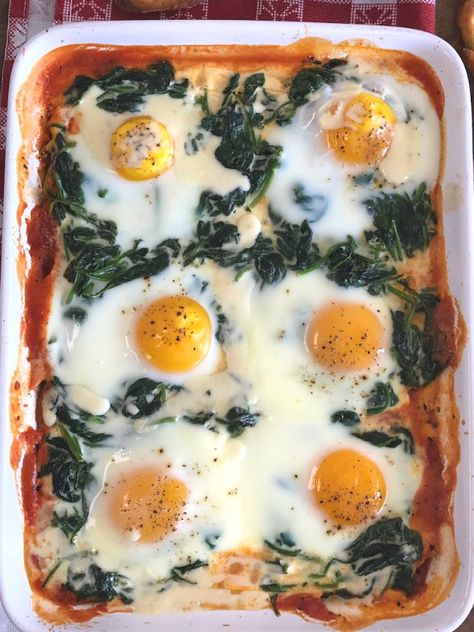 Baked Eggs Florentine with Pecorino Crema - Proud Italian Cook Italian Eggs, Eggs Florentine, Creamed Spinach, Weekend Breakfast, Baked Eggs, Vegetarian Cheese, Egg Recipes, Paleo Gluten Free, Home Cooking