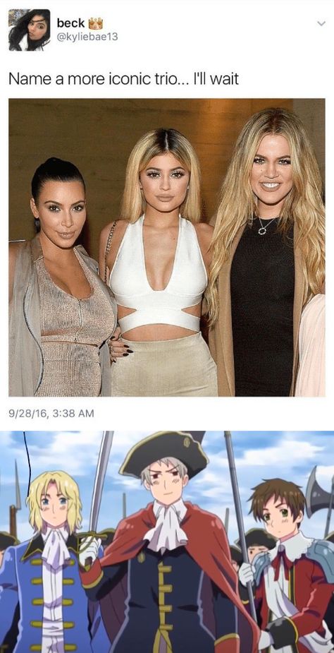 I made this meme of the Bad Touch Trio #BTT #Hetalia Btt Hetalia, Trio Memes, Hetalia Meme, Friends Trio, Hetalia Memes, Kardashian Sisters, Bad Touch Trio, Bad Touch, Hetalia Funny