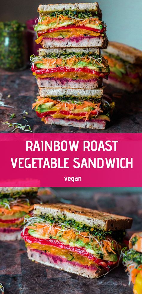 Roast vegetable sandwich with a smoky beetroot  hummus, nutty kale pesto and roast vegetables Pesto Hummus Sandwich, Beetroot Sandwich Recipes, Beetroot Sandwich, Kale Sandwich, Beet Sandwich, Grilled Vegetable Sandwich, Veggie Sandwiches, Vegetable Sandwich, Beetroot Hummus