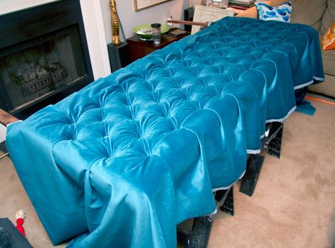 How We DIYed Our Velvet Diamond-Tufted Headboard :: Hometalk Peacock Bedroom Ideas, Tufted Headboard Diy, Old Werewolf, Bed Headboard Diy, Tufting Tutorial, Bed Against Wall, Diy Dresser Build, Dresser Build, Velvet Tufted Headboard