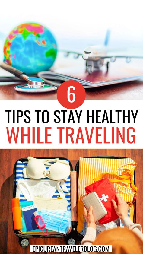 By following these six travel health tips for staying healthy while traveling, you’ll hopefully come home from your trip with lasting memories rather than aches, fatigue, or sniffles. | Tips to stay health while traveling | Tips for staying healthy on vacation | How to stay healthy while traveling | How to stay well while traveling | How to avoid getting sick while traveling | Healthy travel tips | Travel wellness tips | Staying well on the go | Stay healthy on the go | Stay healthy on the road Travel Wellness, Planning Trips, Traveling Tips, Healthy Travel, Staying Healthy, Relaxing Vacations, Travel Checklist, Travel Articles, Come Home