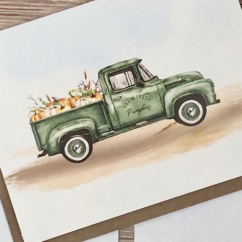 "12 pack of colorful watercolor image of vintage harvest farm truck filled with pumpkins printed in high resolution on A2 (4.25x5.5\" folded) 14pt cardstock. These cards are heavier and stronger than the standard 100# cardstock typically used in greeting cards. Paired with beautiful Kraft peel-and-stick envelopes and packaged in an eco-friendly Kraft gift box to protect your cards. These cards are blank on the inside and great for any occasion to add your personal touch. The faint watercolor and Truck Watercolor Painting, Vintage Farm Truck, Truck With Pumpkins Painting, Fall Truck Painting, Watercolor Truck, Thanksgiving Watercolor, Harvest Truck, Birthday Card Invitation, Fall Paintings