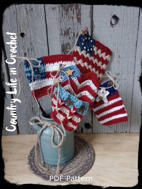 PDF Pattern Scrappy Crochet Flags Flag Sticks Plant Pokes - Etsy Americana Crochet, Scrappy Crochet, 4th Of July Crochet, Plant Pokes, Patriotic Crochet, Patriotic Flags, July Decoration, Crafts 2023, Easy Beginner Crochet Patterns