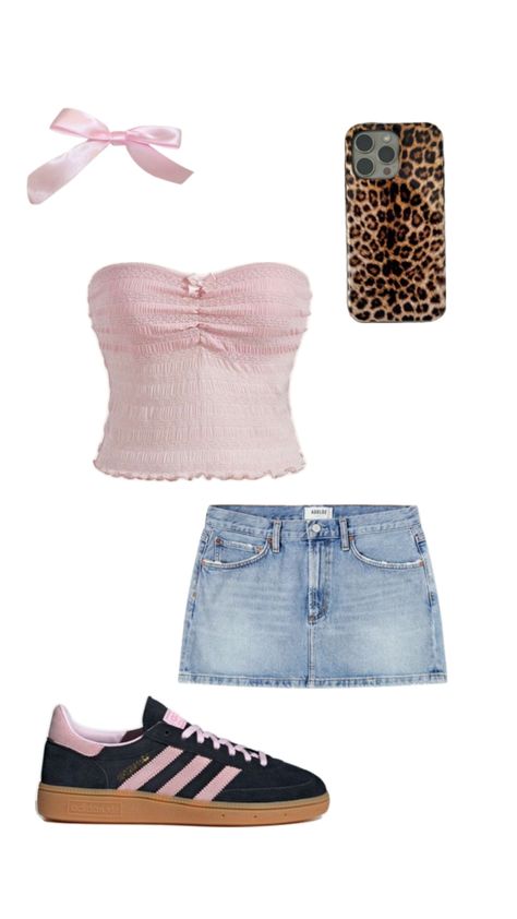 spezials denim skirt pink tube top bow leopard print Pink Tube Top Outfit, Tube Top Outfit Ideas, Outfits With Denim Skirt, College Skirt, Pink Summer Outfits, Tube Top Outfits, Pink Tube Top, Outfit Boards, College Closet