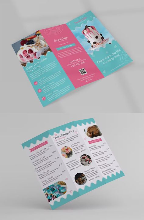 Cake Shop Trifold Brochure Template AI, EPS, PSD Cake Brochure Design, Bakery Brochure, Cake Brochure, Pamplet Design, Cherry Cakes, Brochure Examples, Fish Sketch, School Brochure, Japan Candy