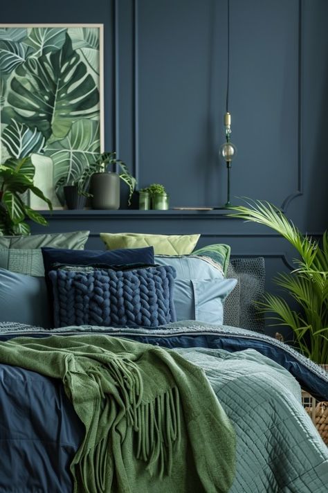 Room Color Combination Bedrooms Blue, Mustard And Teal Bedroom, Blue And Green Walls, Green Navy Bedroom, Bedroom Green And Blue, Blue And Green Bedrooms, Navy And Green Bedroom, Neutral Blue Bedroom, Blue And Green Bedroom Ideas