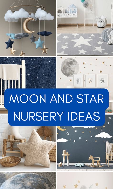 moon and star baby nursery ideas Sleepy Nursery Theme, Stars Moon Clouds Nursery, Twinkle Nursery Theme, Modern Space Themed Nursery, Star Themed Nursery Gender Neutral, Gray Moon And Stars Nursery, Space Nursery Neutral, Moon And Clouds Nursery, Starry Night Nursery Gender Neutral