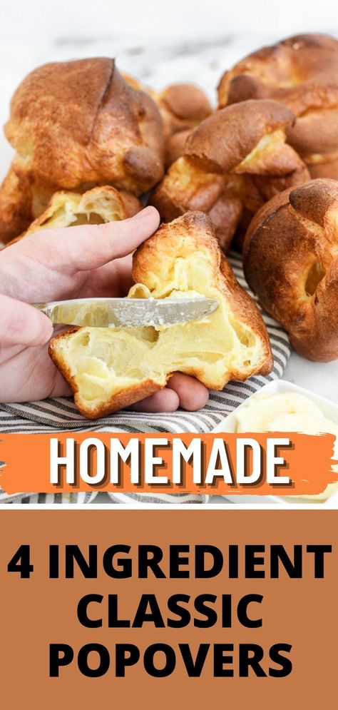 This Classic popovers are really easy to make and are crispy on the outside, tender on the inside, require no yeast. They are delicious, warm and slathered with honey butter. Popover recipes | Popovers | Popovers in muffin tin | Popovers recipes easy | Popovers recipes muffin tins | Popovers recipes breakfast | 4 Ingredient Popovers, How To Make Popovers, Popovers Recipes Easy, Breakfast Popovers, Easy Popover Recipe, Popovers Recipes, Easy Popovers, Popover Recipe, Yorkshire Pudding Recipes