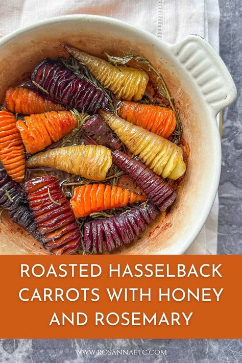 Roasted Hasselback Carrots With Honey And Rosemary Brown Butter Sage Roasted Carrots, Bourbon Roasted Carrots, Smashed Roasted Carrots, Heirloom Carrots Recipe, Hasselback Carrots, Roasted Whole Carrots, Carrots With Honey, Hasselback Sweet Potatoes, Rainy Day Recipes