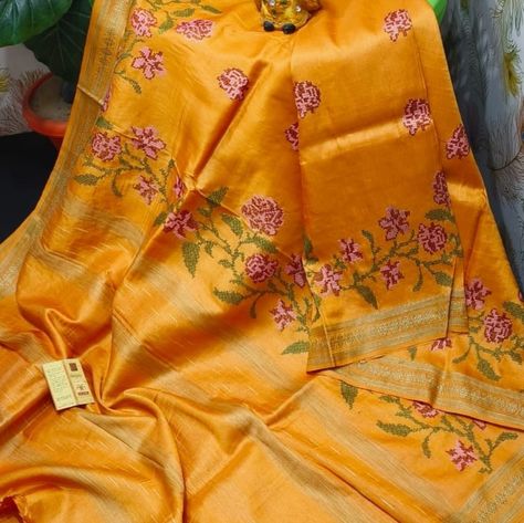 7400 100%pure exclusive premium quality beautiful tasar silk sarees border dabhi designs with body embroidery work 6.50mtr Length with blouse piece Tasar Silk Saree, Body Embroidery, Saree Border, Embroidery Work, Blouse Piece, Silk Saree, Silk Sarees, Premium Quality, Saree