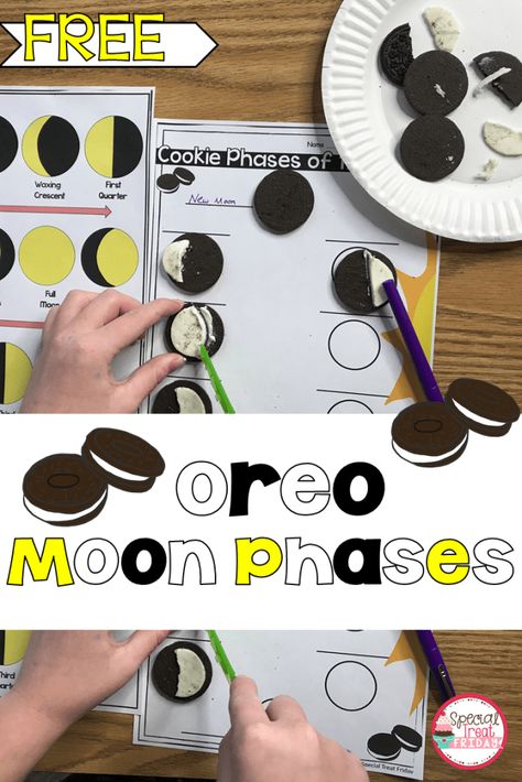 Use Oreos or other cream filled cookies to recreate the moon phases, fun and interactive science unit, phases of the moon activities, moon activities for kids, learning about the moon, Oreo moon phases, close reading articles on the moon, moon mini books, moon activity fun, moon activity lesson plans, astronomy for kids, moon unit studies, free science activities, patterns in nature, interactive science. First grade science labs Phases Of The Moon Activities, Science First Grade, Moon Activities For Kids, Moon Phases Activity, Astronomy For Kids, Oreo Moon Phases, Moon Phases Activities, Cream Filled Cookies, Moon Unit