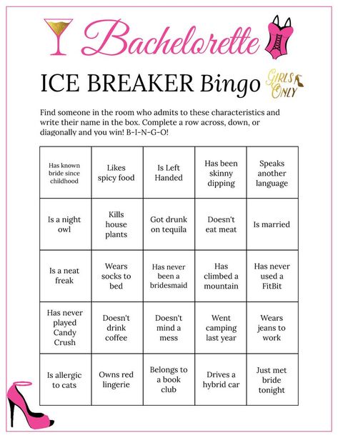 20 Bachelorette Party Game Ideas That Are Actually Fun! - Pyaari Weddings Diy Bachelorette Party Games, Bachelorette Party Bingo, Bach Games, Ice Breaker Bingo, Bachelorette Diy, Diy Bachelorette, Bingo Card Template, Bridal Shower Bachelorette Party Ideas, Bridal Party Games