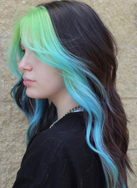 Partial Fashion Color Hair, Multicolor Money Piece Hair, Colorful Long Hair Ideas, Peekaboo Hair Color Long Hair, Hair Dye For Medium Length Hair, Split Dyed Hair Front Pieces, Halo Vivid Hair Color, Pink And Blue Money Piece, Teal Streaks In Blonde Hair