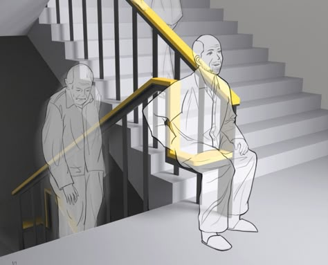 A simple design-upgrade to the staircase handrail allows elders to take a break while climbing | Yanko Design Staircase Landing, Staircase Handrail, Stair Case, Stair Handrail, Elderly Home, Antoni Gaudi, Bench Designs, Inclusive Design, Toy Art