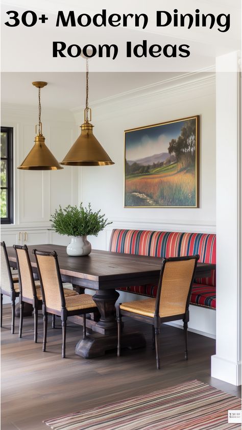 A dining area reflecting mid-century modern design, featuring clean lines and retro-inspired furniture. The space includes a wooden table paired with mismatched chairs and a geometric lighting fixture, creating a contemporary yet inviting atmosphere suitable for any dining occasion. Mixing Antique Dining Table With Modern Chairs, Vintage Dining Table Modern Chairs, Mix And Match Dining Room Chairs, Modern Craftsman Dining Room, Craftsman Dining Room Ideas, Vintage Modern Dining Room, Craftsman Dining Room, Modern Dining Room Ideas, Bold Eclectic