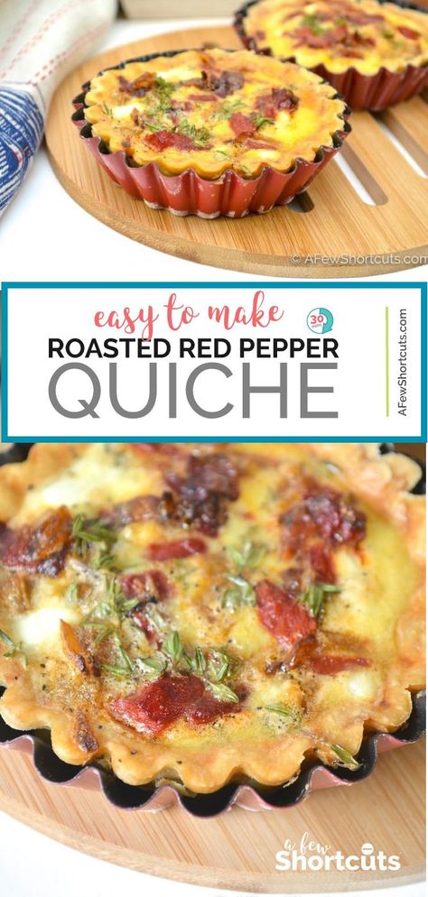 The perfect breakfast or brunch dish. This easy to make Feta & Roasted Red Pepper Quiche Recipe is sophisticated but simple to make! Great for when you are having guests! | @AFewShortcuts #eggs #brunch #breakfast #recipe Roasted Red Pepper Quiche, Red Pepper Quiche, Pepper Quiche, Breakfast Quiche Recipes Easy, Eggs Brunch, Breakfast Quiche Recipes, Quiche Recipes Easy, Meatless Meal, Veggie Meals