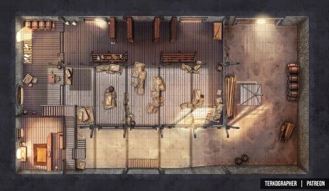 DND Battlemap - Warehouse [31x18] - dnd5e post - Imgur Warehouse Battlemap, Pen And Paper Games, Cartographers Guild, Building Map, Virtual Tabletop, Map Pictures, Rpg Maps, Dungeon Maps, D D Maps