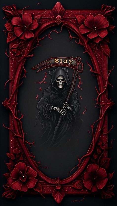 Gothic Botanical Grim Reaper Slay Digital Wallpaper Wall Art Graphic Reaper Wallpaper Aesthetic, Gothic Screensaver Wallpapers, Gothic Style Wallpaper, Grim Reaper Back Tattoo, Dark Evil Wallpaper, Grim Reaper Wallpaper Iphone, Grim Reaper Art Drawings, Grim Reaper Phone Wallpaper, Cute Witchy Wallpaper