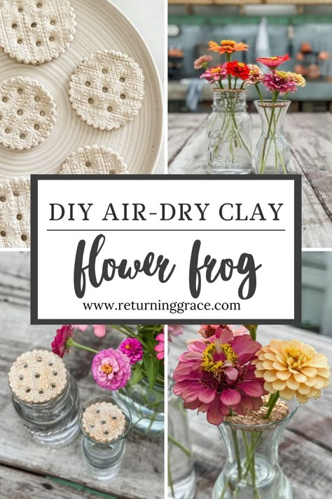 If you love arranging flowers and want a stylish way to keep them in place, this DIY flower frog made with air dry clay is just the thing. Diy Flower Frog Clay, Diy Clay Flower Frogs, Clay Flower Frog Tutorial, Flower Frogs Diy, Air Dry Clay Flower Frog, Flower Frog Diy, Clay Diy Gifts, Clay Projects For Adults, Clay Flower Frog