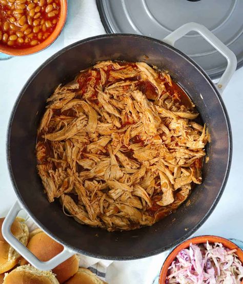 Dutch Oven Pulled Chicken, Pulled Bbq Chicken Stovetop, Bbq Chicken In Cast Iron Skillet, Tender Bbq Chicken Oven Baked, Cast Iron Bbq Chicken, Pulled Chicken Recipes, Dutch Oven Chicken, Bbq Plates, Braised Chicken Breast