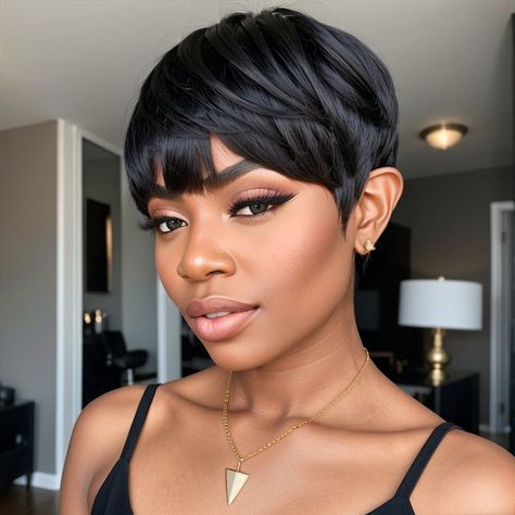 Purchase Ready-to-Wear Layered Pixie Cut Short Black Wig With Bangs 100% Virgin Human Hair Summer Pixie Cut, Short Wig Hairstyles, Very Short Bob Black Women, Short Hair Pixie Cuts Black Women, 4b Hairstyles, Short Black Wig, Black Wig With Bangs, 27 Piece Hairstyles, Layered Pixie Cut