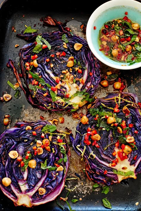 Roasted Cabbage Steaks, Cabbage Steaks, Roasted Cabbage, Hazelnut, Easy Recipe, Bowl, Baking, Purple