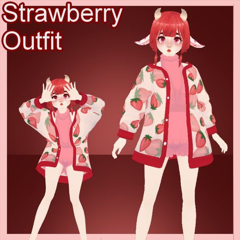 This cute Strawberry Outfit can be for you! use it for animation, streaming or video making now. I hope you enjoy this outfit was designed by Mochipan and made digital by DahliaLouve. This is the Strawberry version of a line of Fruit cow outfits you can find! If you like this one, check out the others!  ೋღ 🌺 ღೋ With this product you can import it into the program Vroid studio to apply onto your model! You can import this item into Vroid by going into the clothing section of the program once you're on your desired model, and going onto the custom items tab and clicking the import item button! Then all you need to do is find this item and import it on! Then have fun with your new outfit! Thank you for buying from MochipanOffical! Vroid Studio Clothes, Vroid Studio, Strawberry Outfit, Vtuber Assets, Cow Outfits, 3d Clothing, Cute Strawberry, Design Drawings, Fashion Design Drawings