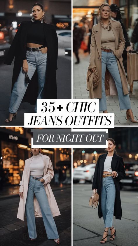 35+ Ways to Make Jeans Evening-Ready Blue Button Up With Jeans, Date Night Jean Outfits For Women, Women’s Blazer Outfit With Jeans, New Year Jeans Outfit, Classy Casual Jeans Outfit, Date Night Denim Outfits, How To Make Jeans Look Dressy, Casual Party Outfit Winter Jeans, Dressy Jean Outfits Winter