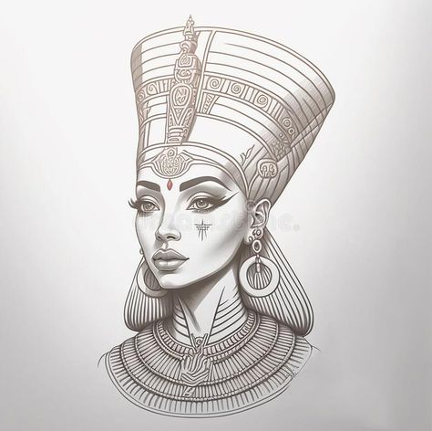 Queen Cleopatra Tattoo, Feminine Egyptian Tattoo, Nefitiri Tattoo, Cleopatra Drawing Sketches, Queen Nefertiti Tattoo Black Women, Cleopatra Art Drawing, Nefertiti Tattoo Design Egyptian Goddess, Cleopatra Tattoo Egyptian, Ancient Egypt Art Drawing