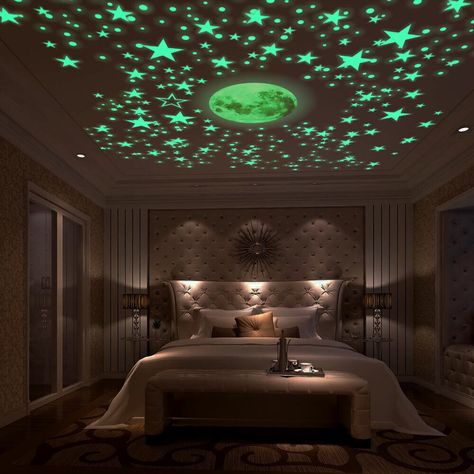 Glow In The Dark Room, Stars And Galaxy, Dark Room Decor, Dark Ceiling, Kitchen Wall Decals, Glow Stars, Star Ceiling, Dark Wall, Dark Moon