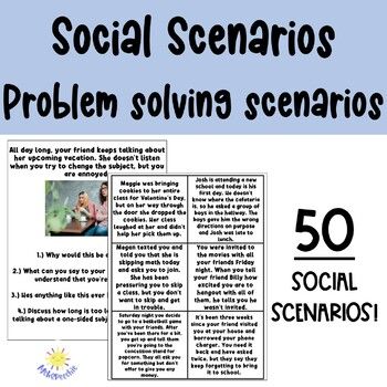 Use this set of 50 social scenarios to work on problem solving, friendships, asking difficult questions and having difficult conversations, classroom behavior, and MORE! These social stories discuss social scenarios both inside and outside of school and are targeted for late elementary to middle school age students, but many will work well for high school students with social language needs as well.PURCHASE THIS IN A BUNDLE & GET EVEN MORE SOCIAL SCENARIOS HERE!Growing Social Scenarios Bundl Social Skills Middle School, Problem Solving Scenarios, Behavior Worksheets, Social Skills Worksheets, Middle School Short Stories, Therapy Crafts, Outside Of School, Speech Therapy Crafts, Choices And Consequences