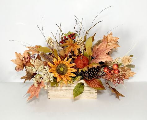 Fall Harvest Halloween Decor, Large Centerpiece Thanksgiving Floral Arrangement, Autumn Sunflower Leaves Flowers, Floral Table Decorations Thanksgiving Floral Arrangements, Sunflower Leaves, Thanksgiving Floral, Sunflower Arrangements, Color Leaves, Fall Flower Arrangements, Large Centerpiece, Fall Arrangements, Fall Table Decor