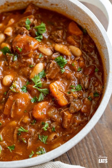 Tuscan Beef Casserole - a delicious hearty simple dish with vegetables and white beans, it's a firm family favourite. #glutenfree #dairyfree #slimmingworld #weightwatchers #tuscan #beef #casserole #beans #stew #instantpot #pressurecooker #slowcooker Beef And Bean Stew Recipes, Beef Casserole Recipes For Dinner, Tuscan Stew, Beef Casserole Dishes, Tuscan Beef Stew, Tuscan Beef, French Stew, Beans Stew, Pot Roasts