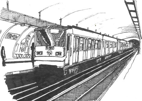 Paris Metro - sketched in 0.5mm ink pen Train Drawing Sketches, Metro Drawing, Metro Sketch, Subway Drawing, Train Sketch, Metro Art, Train Drawing, Metro Paris, Perspective Sketch