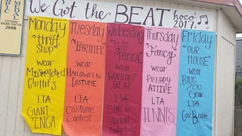 AGHS Homecoming Week poster "We Got the Beat" Homecoming Week Themes Days, Leadership Themes, Home Sweet Homecoming, Stuco Poster, Cheer Pep Rally, School Spirit Week Ideas, Homecoming Activities, Cheer Themes, Homecoming Hallways