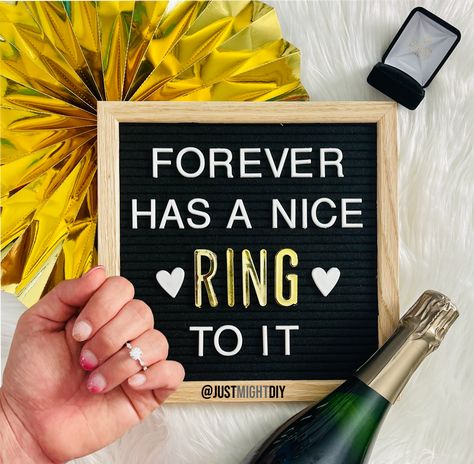 DIY Engagement Announcement Ideas (video tutorial!) – Just Might DIY Newly Engaged Quotes, Engagement Quotes Announcement, Statement Shelves, Funny Engagement Announcement, Creative Engagement Announcement, Engagement Couple Photoshoot, Felt Board Sayings, Proposal Announcement, Engagement Captions