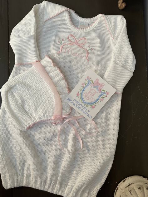 This personalized gown is a perfect baby shower gift, take home from the hospital outfit, welcoming gift or newborn pictures. Be sure to add the bonnet, crib shoes, and blanket to complete set. The price includes monogramming.  This beautiful, boutique quality gown is made in the USA from start to finish. It is made with high quality, soft, cotton, polyester blend fabric that is comfortable on a newborn baby. This gown is available in solid white with white picot trim, white with baby blue picot Newborn Hospital Outfit, Baby Going Home Outfit, Day Gown, Baby Hospital Outfit, Baby Coming Home Outfit, Shower Shoes, Newborn Gown, Hospital Outfit, Girls Coming Home Outfit