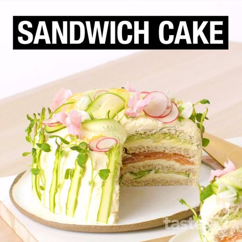 Sandwich cake [Video] | Tea party sandwiches, Sandwich cake, Savoury cake Sandwich Torte, Tea Party Sandwiches, Korean Tea, Tea Sandwiches Recipes, Salad Cake, Savoury Snacks, Afternoon Tea Recipes, Party Sandwiches, Decorações Com Comidas