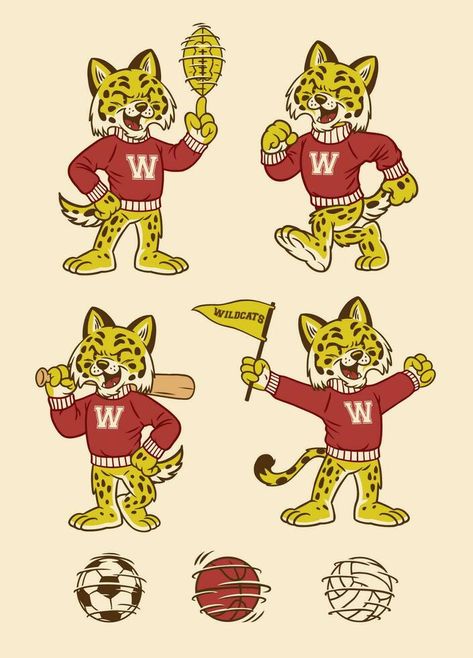 Set of Wildcat Sport Mascot in Vintage Retro Hand Drawn Style Animal Character Design Illustration, Cartoon Mascot Logo, Wolverine Redesign, Gato Bob, Wildcat Mascot, School Spirit Shirts Designs, Vintage Mascot, Mascot Illustration, Merchandise Ideas