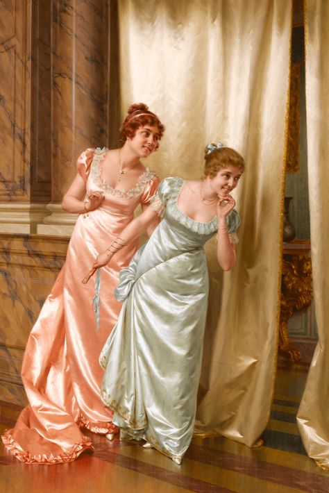 An array of silks and satins are on display in this painting by Vittorio  Reggianini. Entitled Eavesdropping, the oil artfully reflects the carefree life of the  bourgeoisie. Reggianini is renowned for his skill in rendering texture, fabrics and detail.~ Original Fine Art Paintings, Silk Painting, 19th Century Art ~ Available at M.S. Rau Antiques Vittorio Reggianini, Regency Fashion, Regency Romance, Italian Painters, Romantic Scenes, Classic Wall, Women In Art, Regency Era, Norman Rockwell