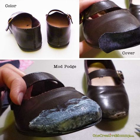 DIY Shoe Repair -- How to Repair Shoes {Don't throw out your little girl's scuffed shoes, give them a new life with glitter and Mod Podge!} OneCreativeMommy.com Shoe Repair Diy, Scuffed Shoes, Diy Winter Clothes, Leather Shoe Repair, Repair Shoes, Shoe Refashion, Shoe Makeover, Diy Sneakers, Diy Shoe