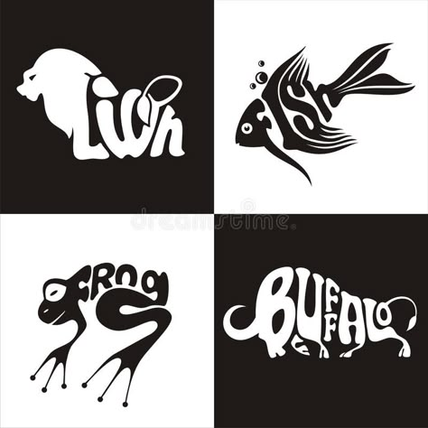 Animals Logo Buffalo, Lion, Frog, Fish Stock Vector - Illustration of buffalo, frog: 83894700 Frog Fish, Animals Logo, Inspiration Typographie, Typography Drawing, Word Drawings, Logo Word, Logo Animal, Typographic Logo Design, Black And White Logos