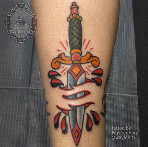 American Traditional Dagger Tattoo, Skin Rip Tattoo, American Traditional Dagger, How To Draw Chains, Lone Star Tattoo, Knife Tattoos, Dagger Tattoos, Traditional Dagger Tattoo, Traditional Dagger