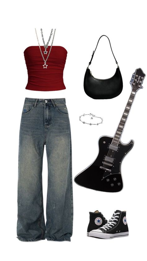 guitar girl 🎸🎧 #stargirl #guitar #doentowngirlasthetic #music #red #black #girlboss Pop Star Outfit Aesthetic, Rock Star Aesthetic Outfit, Band Girl Outfit, Black And Red Aesthetic Clothes, Girl In Red Concert Outfit Ideas, Rock Girl Aesthetic Outfits, Rock Concert Fits, Chase Atlantic Outfit Ideas, Girl In Red Concert Outfit