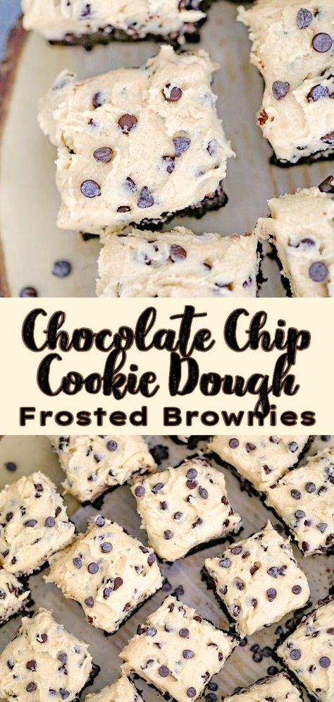 If you love the combination of cookie dough and brownies, you're in for a treat with this delicious, easy-to-make Cookie Dough Frosted Brownies recipe! These chocolatey brownies are topped off with a creamy cookie dough frosting, making it the perfect indulgent dessert that is sure to satisfy any chocolate craving. Enjoy this tasty dessert recipe with family and friends - they won't be able to resist! Cookie Dough Fudge Brownie, Cookie Dough Frosted Brownies, Brownie With Cookie Dough Frosting, Cookie Dough Brownies Easy, Brownie Frosting Ideas, Frosted Cookie Bars, Fun Desserts To Make With Friends, Cake To Make With Friends, Cookie Dough Brownies Recipe