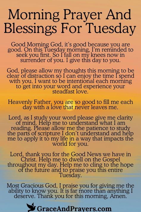 Welcoming a new Tuesday with a prayer is like opening a door to a day blessed with God's presence.  Seek out this prayer for a Tuesday filled with divine wisdom, courage to face challenges, and a spirit of thankfulness for every moment.  Embrace the day with faith and optimism. Read more morning prayers and blessings for each day at Grace and Prayers. Good Morning Tuesday Prayers, Tuesday Prayer Mornings, Thankful Tuesday Quotes, Tuesday Morning Blessings And Prayers, Tuesday Blessings Scripture, Tuesday Prayers And Blessings, Tuesday Morning Greetings, Tuesday Morning Prayers, Tuesday Morning Blessings