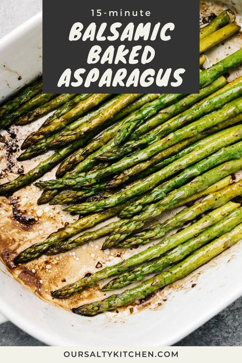 When flavor absorption matters most, choose baked over roasted. Asparagus and balsamic vinegar are natural flavor companions, and baked asparagus is a method that makes both shine! Combine trimmed asparagus with olive oil, balsamic, and seasonings then bake at a lower temperature for a bit longer to allow the vinegar to soak in. You'll have crispy tips and tender stalks with incredible flavor in just 15 minutes! It's a fool proof asparagus recipe for beginners. #asparagus #sidedish #easyrecipes Asperigus Recipes, Stove Top Salmon, Parmesan Roasted Asparagus, Roasted Asparagus Recipe, Asparagus Side Dish, Asparagus Balsamic, Easy Veggie Side Dish, Asparagus Recipes Oven, Recipes Japanese