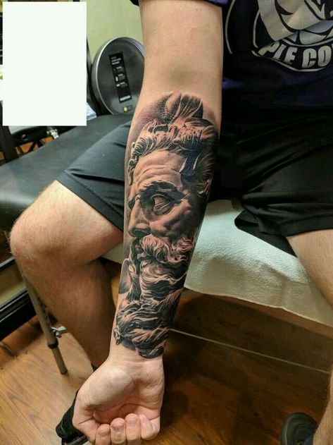 Hercules Tattoo, Greek God Tattoo, Poseidon Tattoo, Zeus Tattoo, Lion Tattoo Sleeves, Forearm Band Tattoos, Greek Mythology Tattoos, Men Tattoos Arm Sleeve, Forearm Tattoo Design