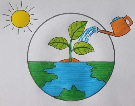 Swachh Bharat Drawing Ideas, Environment Drawing Ideas, Save Environment Poster Drawing, Beautiful Easy Drawings, Save Earth Drawing, Scenery Drawing For Kids, Abstract Art Projects, Earth Drawings, Flower Pattern Drawing