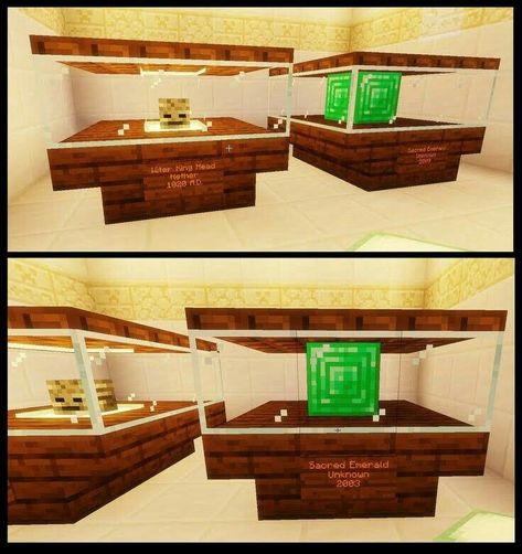 Minecraft Trophy Room Ideas, Minecraft Treasure Room, Minecraft Museum Ideas, Display Case Design, Minecraft Museum, Museum Display, Minecraft Interior, Minecraft Structures, Museum Interior